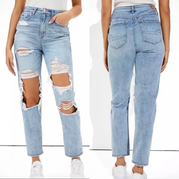 American Eagle Highest Rise Distressed Mom Jeans Sz 4 Long - Picture 1 of 10